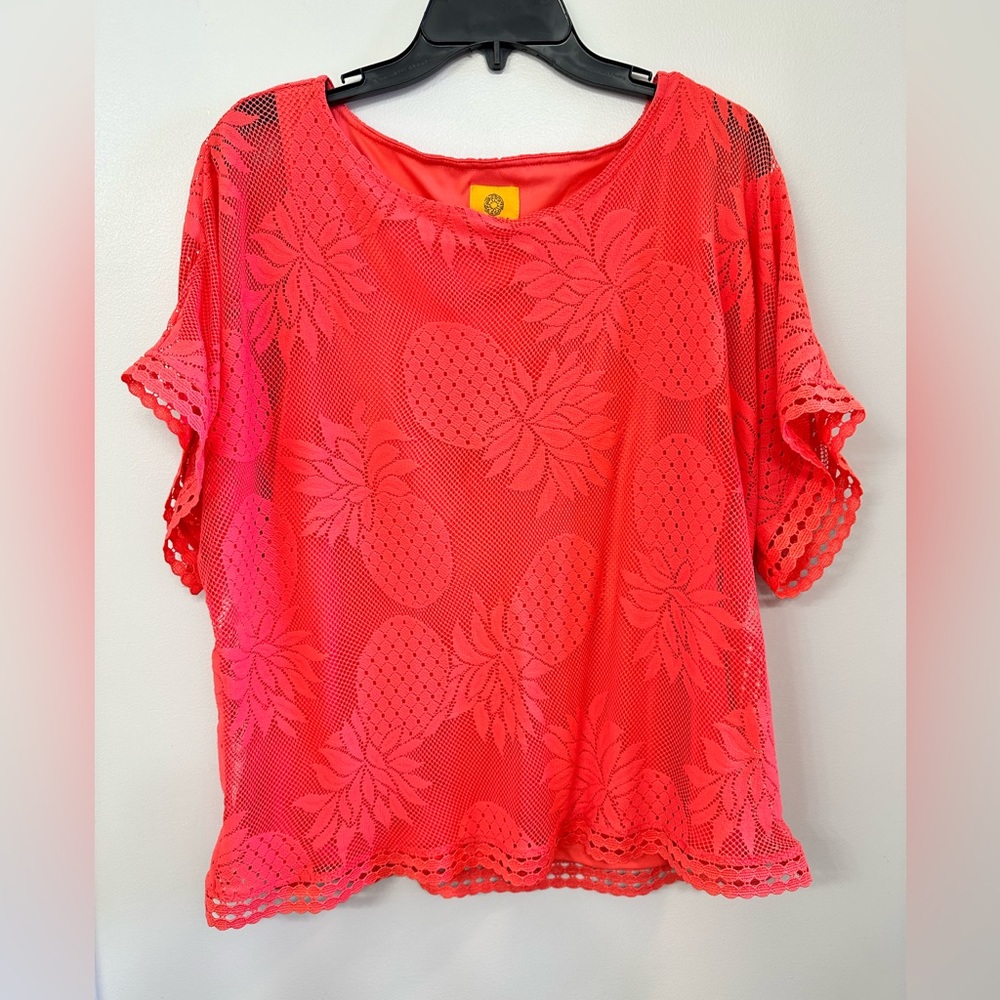 Ruby Rd. Coral Pink Mesh Pineapple Lace Short Sleeve Blouse